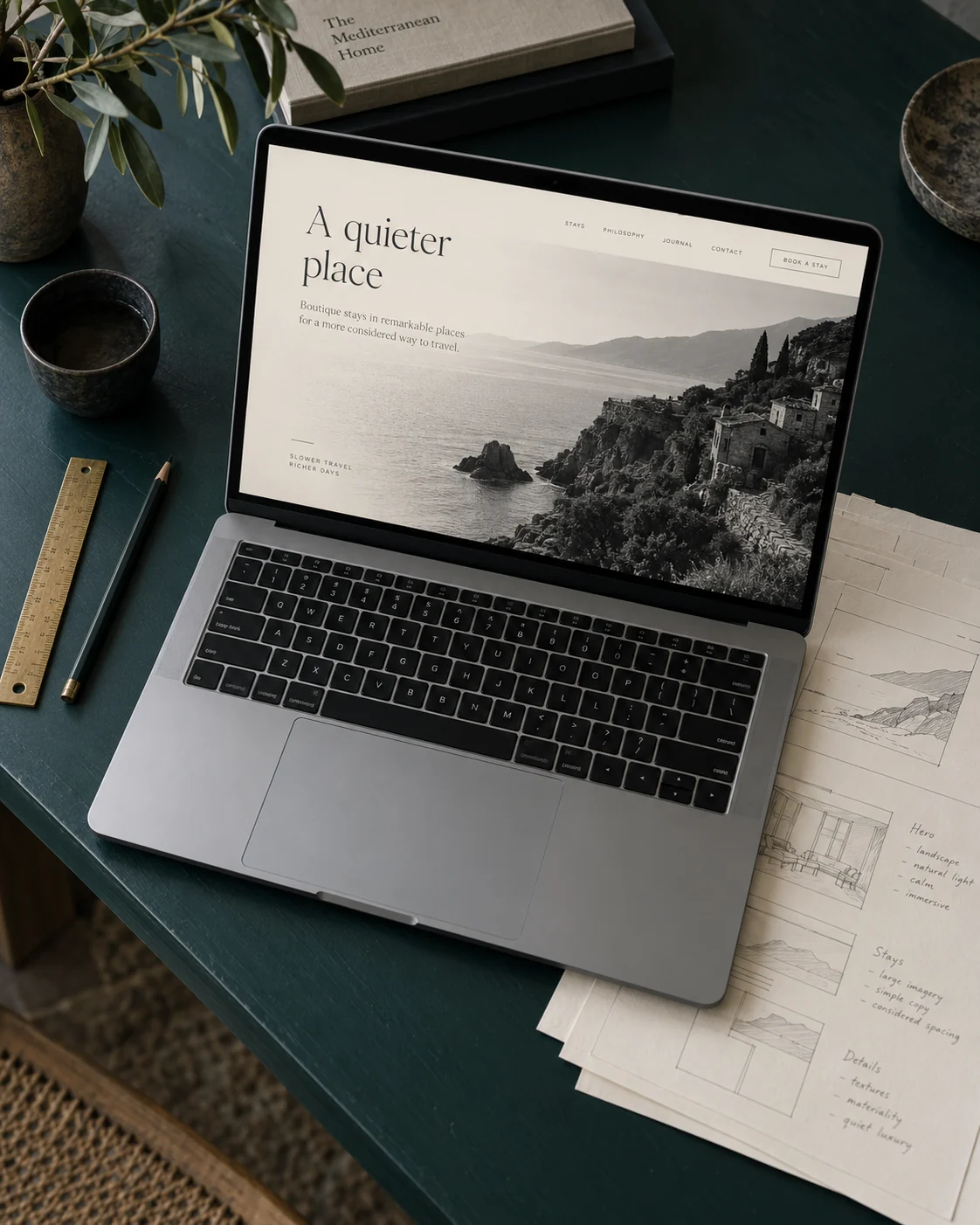 A laptop with a website design alongside paper layout studies