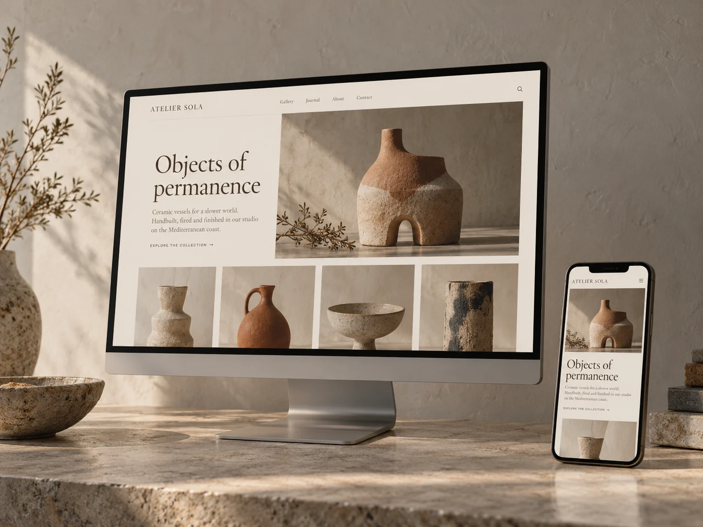 A website displayed across a desktop monitor and mobile phone